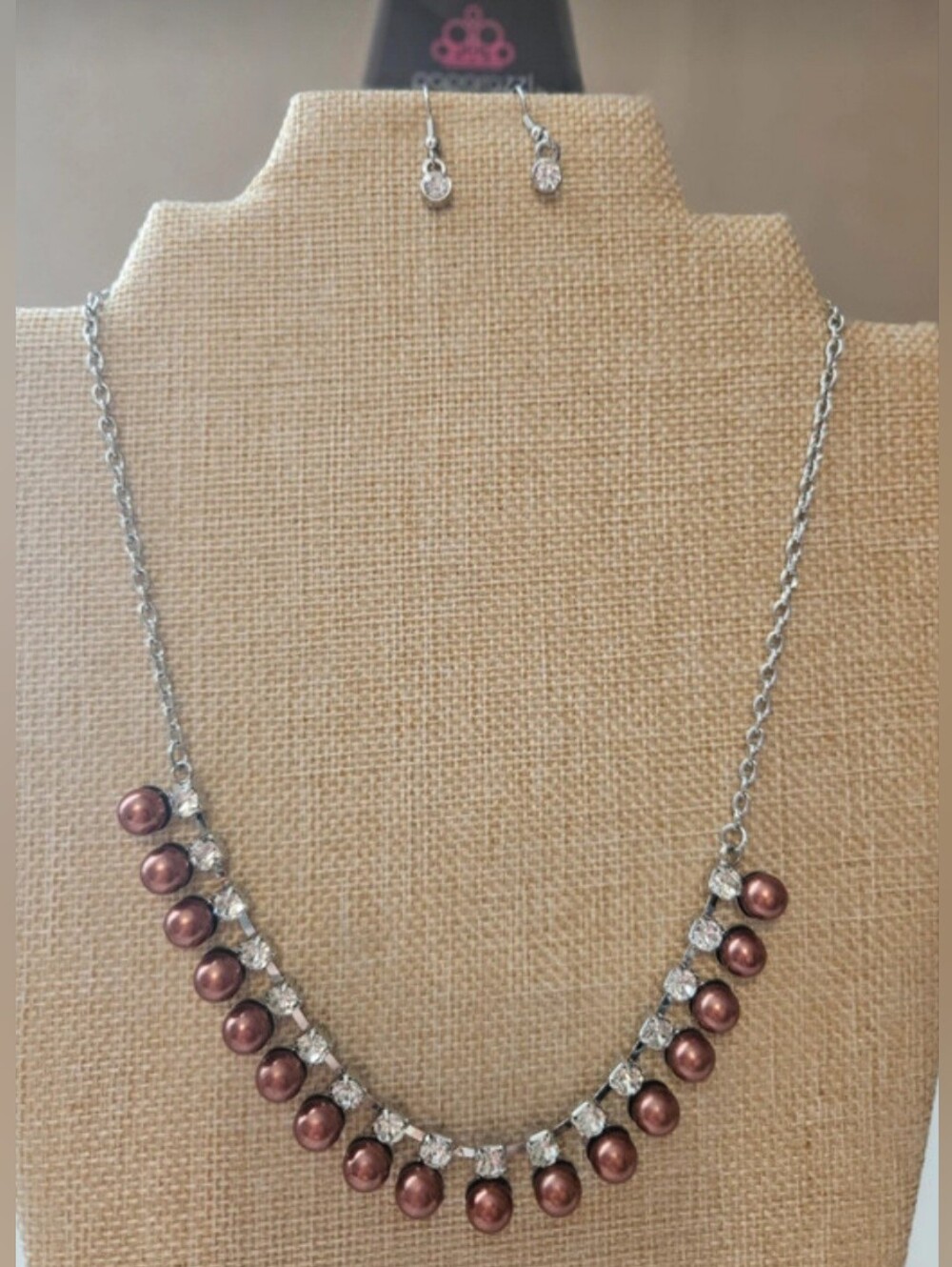 Paparazzi Jewerly Silver Necklace with Brown Pearl Drops and Crystal Accents